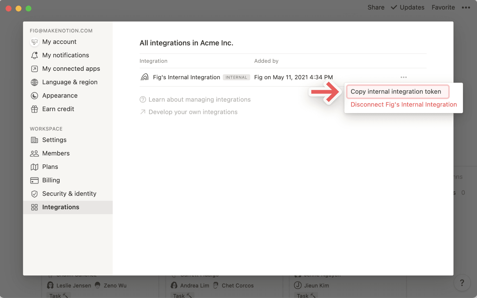 Añadir y administrar integraciones - token de integración interna