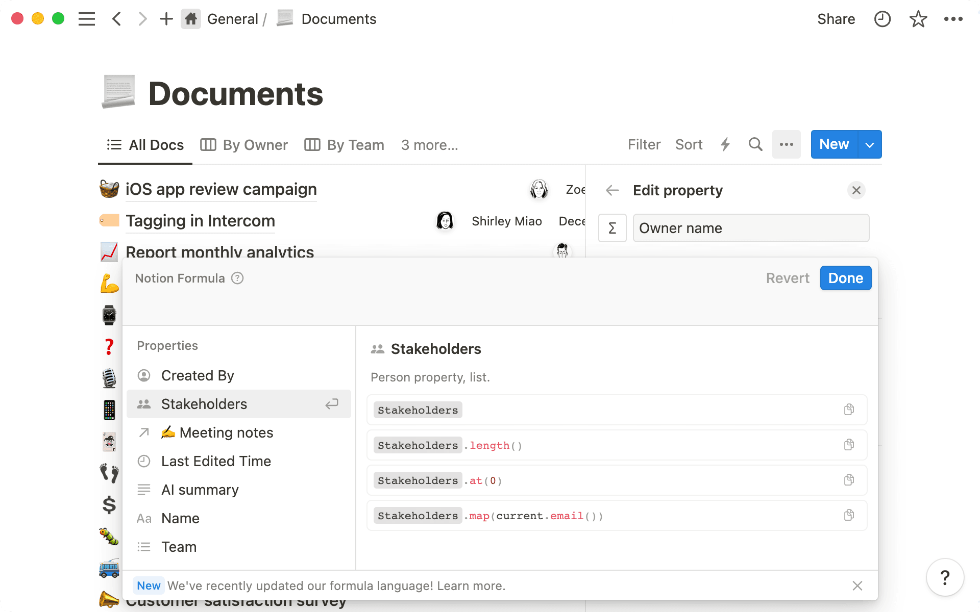 El editor de fórmulas de Notion contiene propiedades, funciones y mucho más.