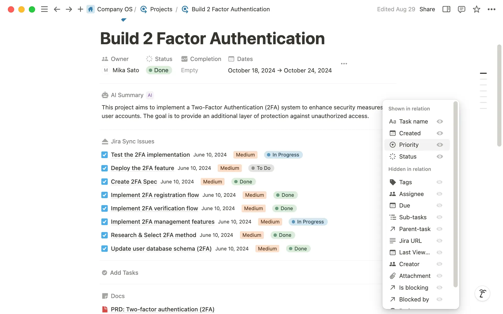 Haz clic en el ícono de tres puntos cerca de "Problemas de sincronización de Jira" para personalizar la visualización de tus propiedades