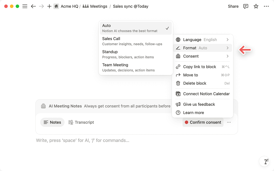 Elige la opción de formato para tu reunión para que la IA de Notion pueda organizar tu conversación de manera más efectiva.