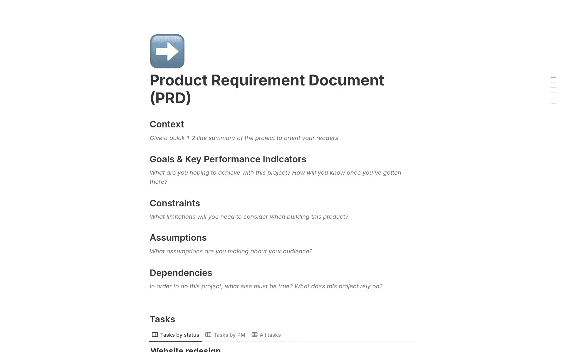 Notion’s PRD template shows sections for context, goals, constraints, assumptions, and tasks.