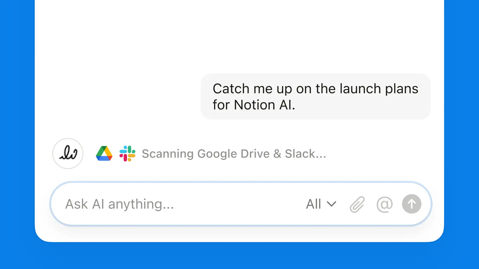 Mit einem einfachen Prompt findet die Notion-KI alles, was ich brauche, in Notion, Slack und Google Drive.