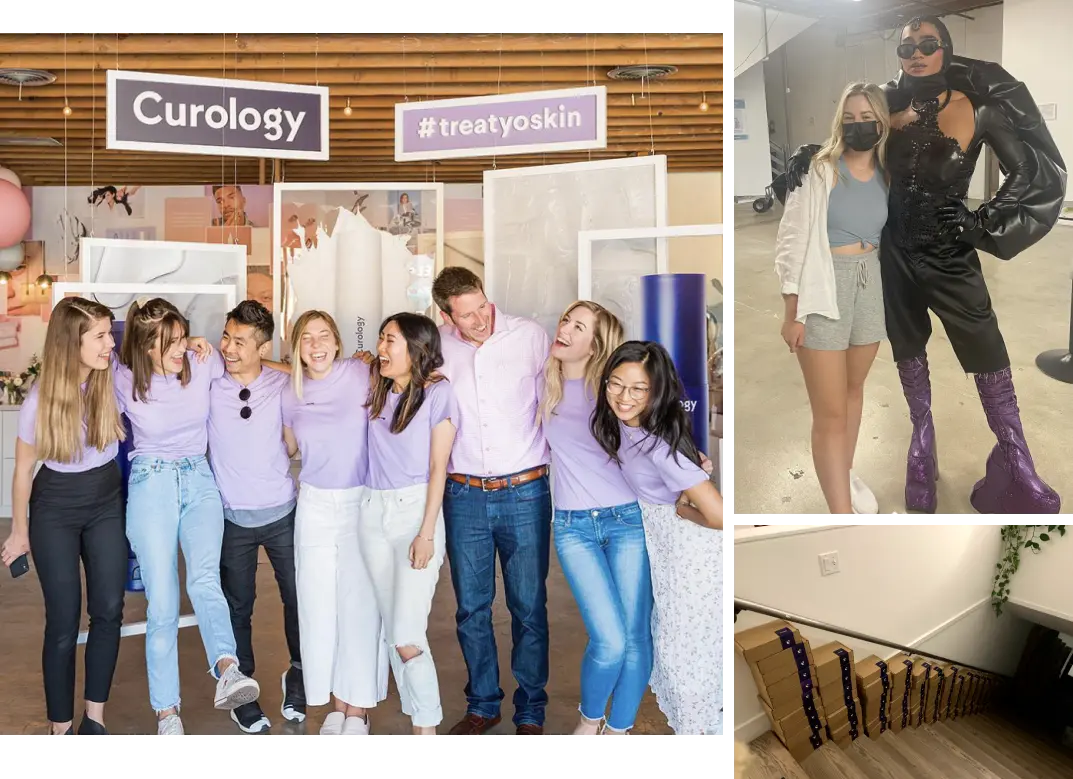 Clockwise from left: Lexie and the Curology team at their first-ever influencer event; Lexie with content start Bretman Rock; the early days of hand-packed influencer gift boxes at Curology.