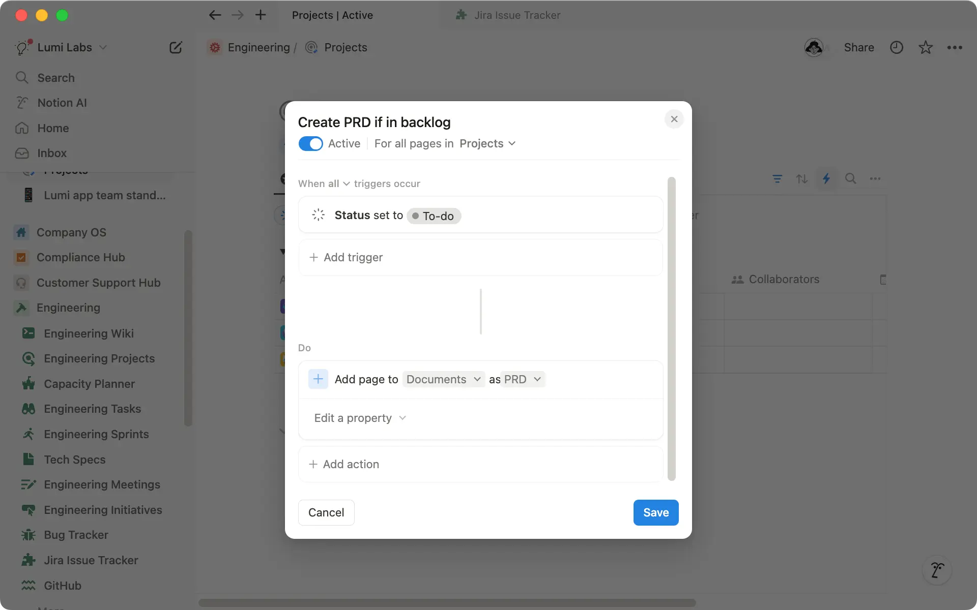 Agrega automáticamente una nueva página que contenga una plantilla de PRD cuando alguien cree una nueva épica en Jira