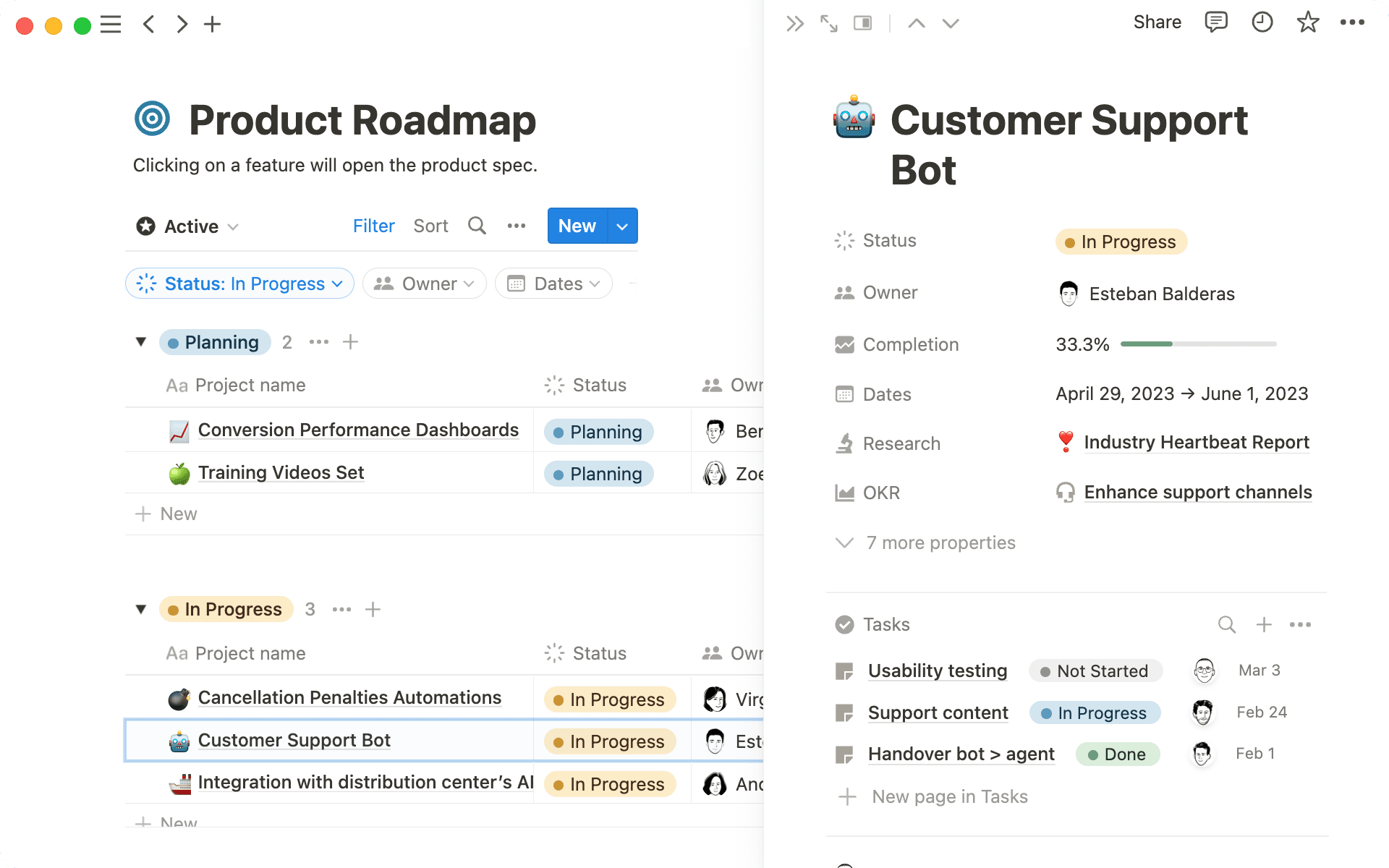 Usa bases de datos para conectar tu hoja de ruta con los proyectos y documentos.