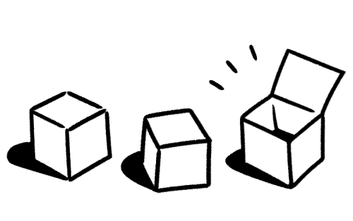 閉じた箱2つと開いた箱1つのシンプルな白黒の線画。