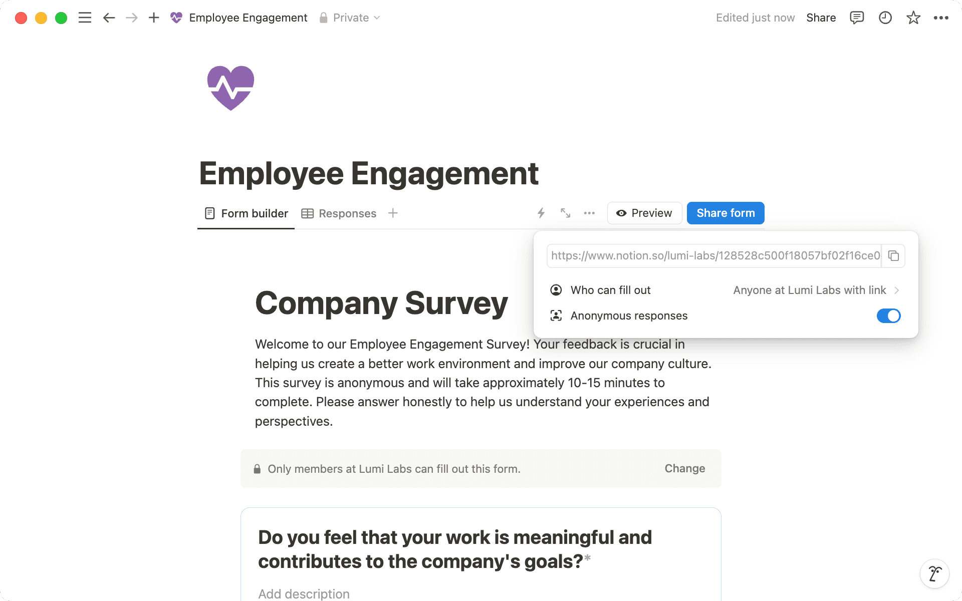 '양식 공유'를 선택할 때 ‘익명 응답’ 토글하기