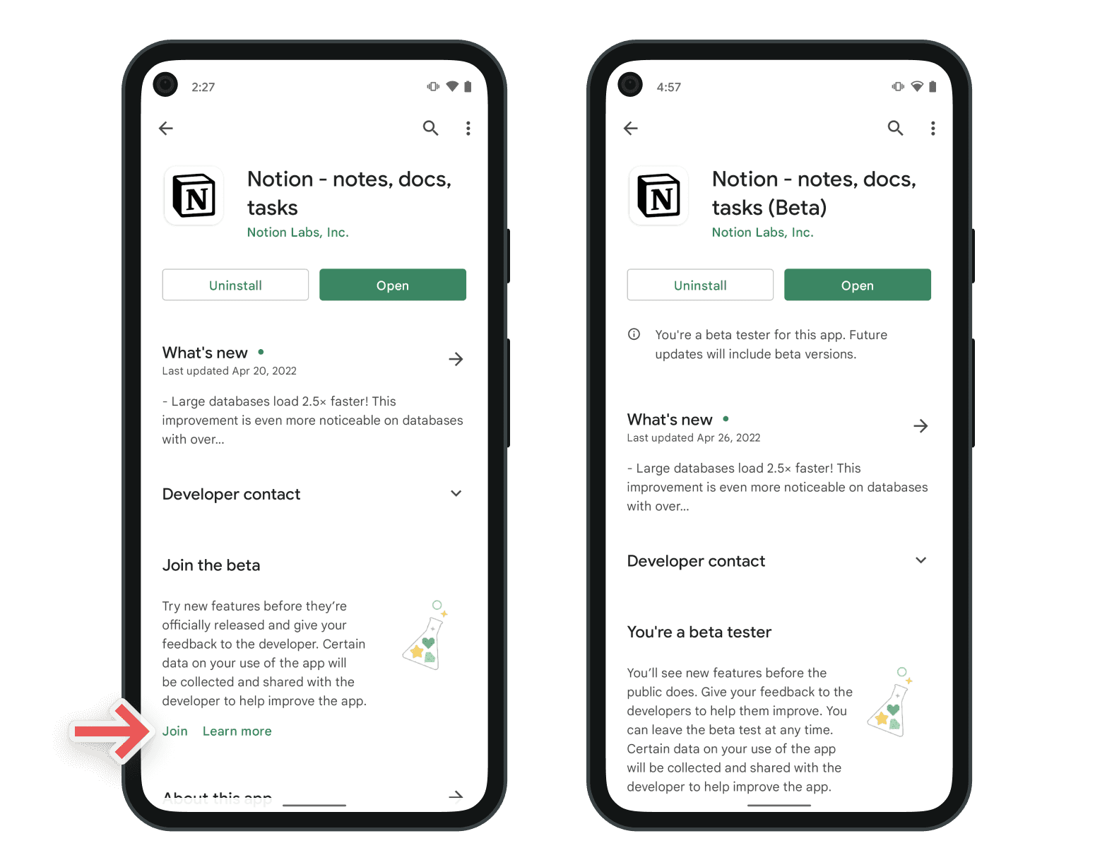 Capturas de pantalla del registro en la versión beta de Notion para Android en Google Play Store.