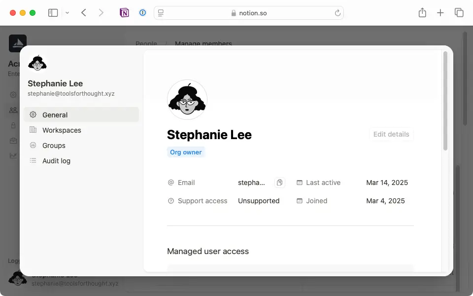 개별 멤버 설정으로 이동하여 조직 소유자인지 확인합니다.