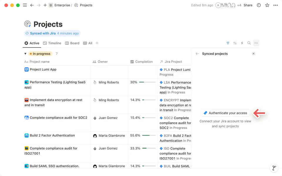 Haz clic en "Autentica tu acceso" para verificar tu identidad y transferir los proyectos de Jira a Notion