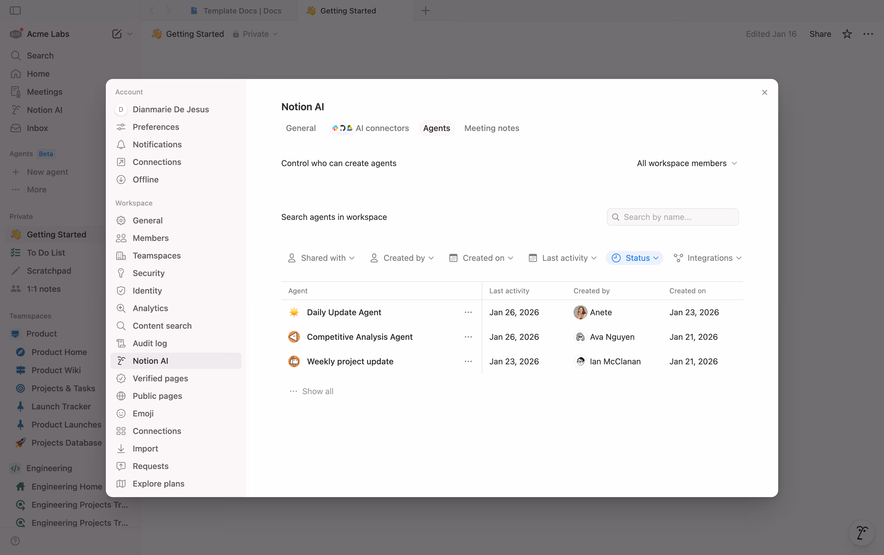 Imagen del directorio de agentes dentro de la IA de Notion.