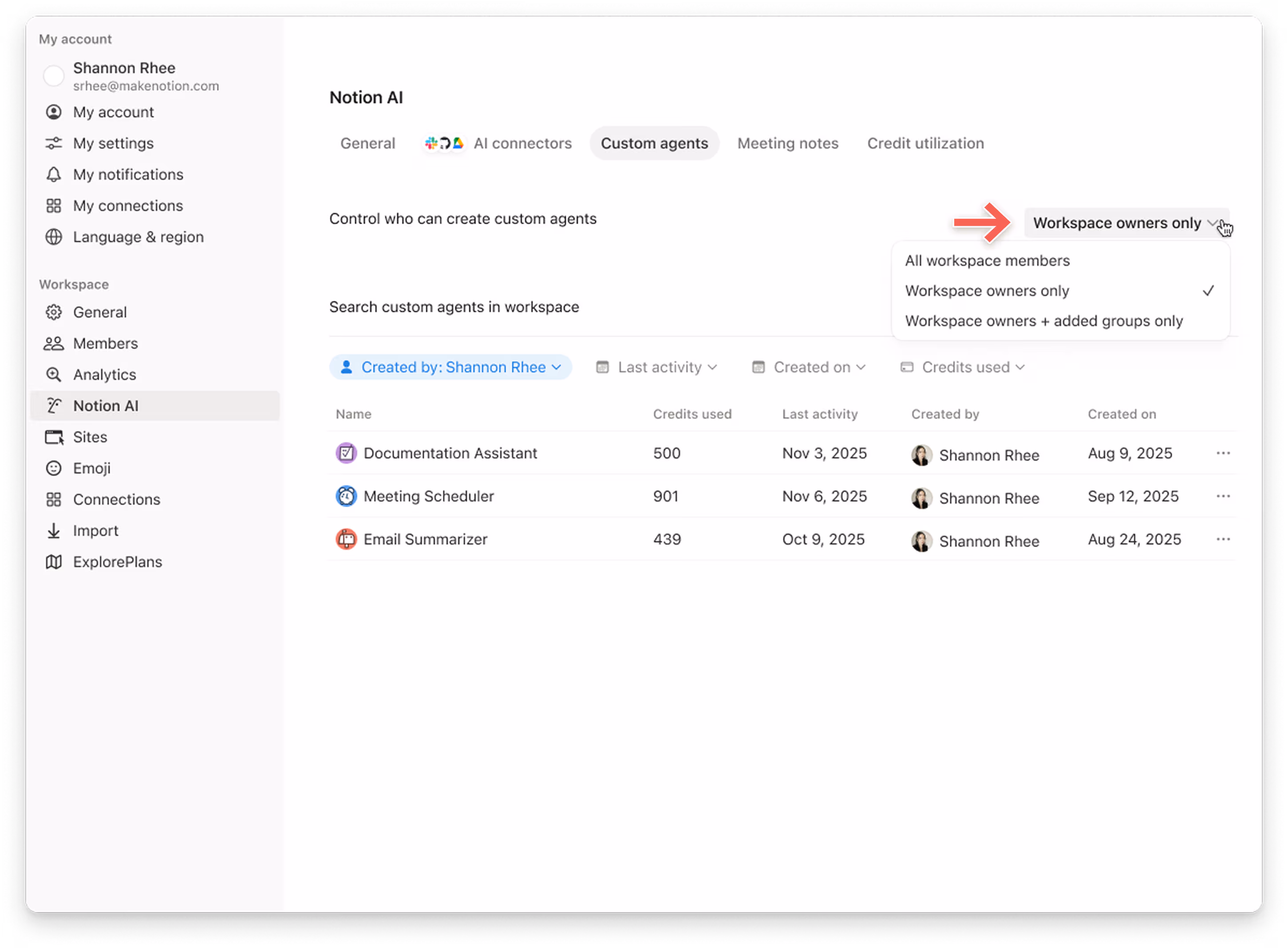 panel de control de créditos de Notion quién puede crear un agente