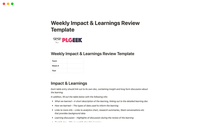 Weekly Impact & Learnings Review Template